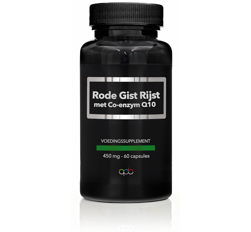 APB Holland Rode Gist Rijst capsules with Co-enzym Q10, 450mg, herbal supplement in a bottle.