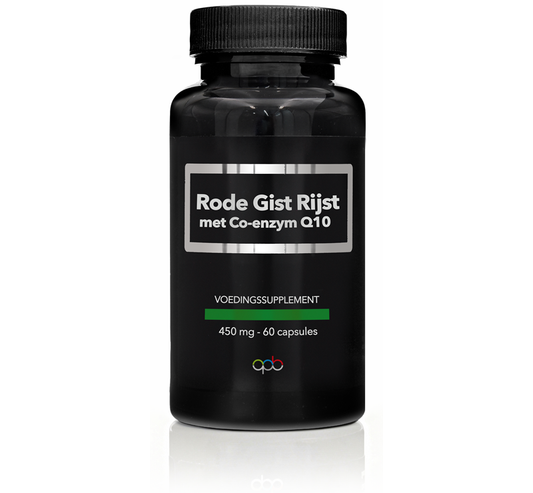 APB Holland Rode Gist Rijst capsules with Co-enzym Q10, 450mg, herbal supplement in a bottle.