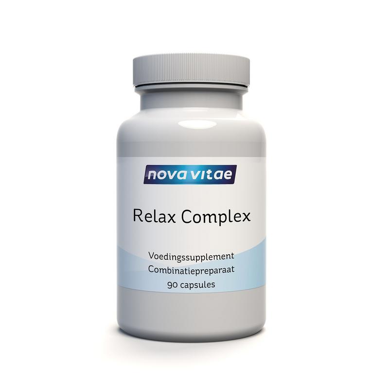Nova Vitae Relax complex capsules, herbal supplement from Nova Vitae, featuring 90 capsules for relaxation and stress relief.