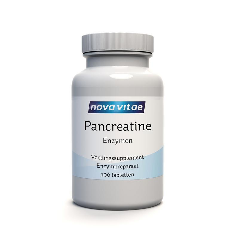 Nova Vitae Pancreatine enzymen 100 tabletten bottle, showing the label and tablets inside for digestive enzyme support.