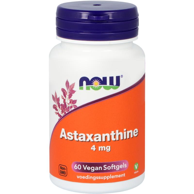 NOW Astaxanthine 4mg softgels, herbal supplement, showing a bottle with 60 softgel capsules on a neutral background.