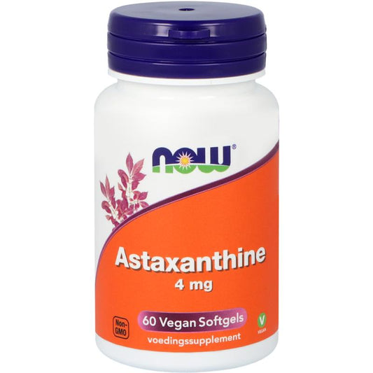 NOW Astaxanthine 4mg softgels, herbal supplement, showing a bottle with 60 softgel capsules on a neutral background.