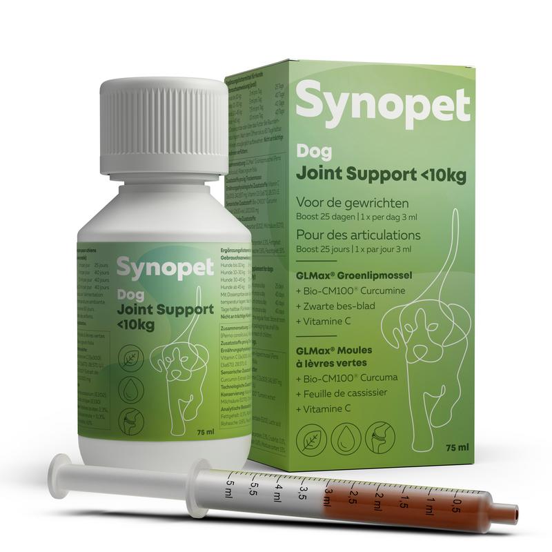 Synopet dog joint support supplement in 75ml bottle, dietary supplement for canine joint health and mobility.