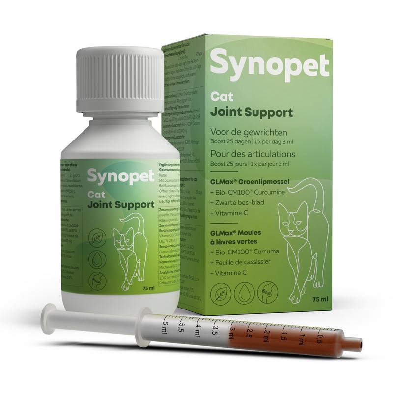 Synopet Cat joint support supplement in 75ml bottle, showing the product label and packaging for pet health.