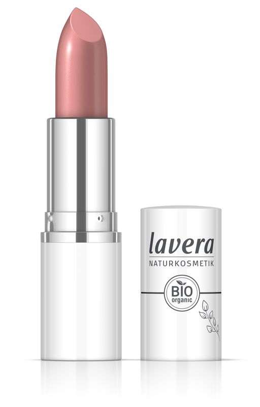 Lavera Cream Glow Retro Rose 02 lipstick in 4.5g, showing the smooth, creamy lipstick bullet in natural light.