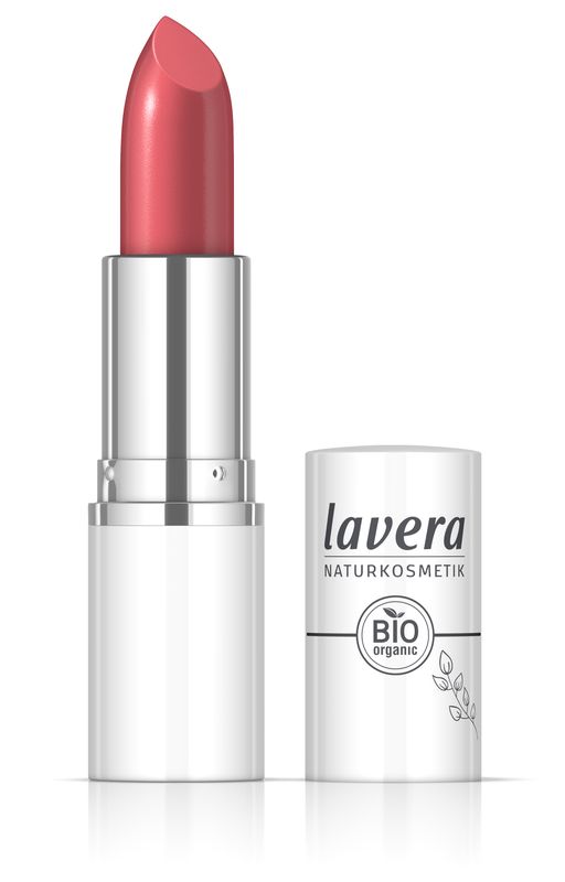Lavera Lipstick Cream Glow in Watermelon 07, 4.5g, showcasing a vibrant pink makeup product with a smooth, creamy texture.