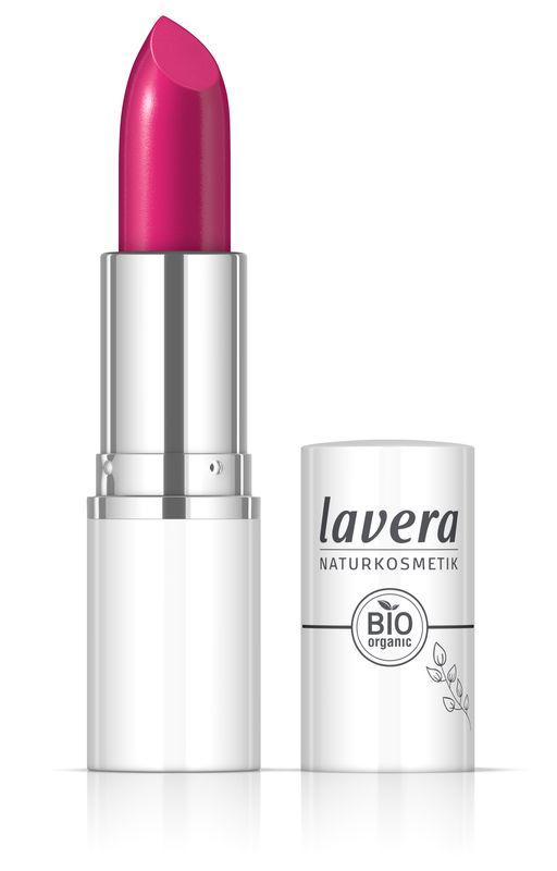 Lavera Lipstick Cream Glow Pink Universe 08 in 4.5g, showcasing a soft pink shade on a makeup product with a sleek tube design.