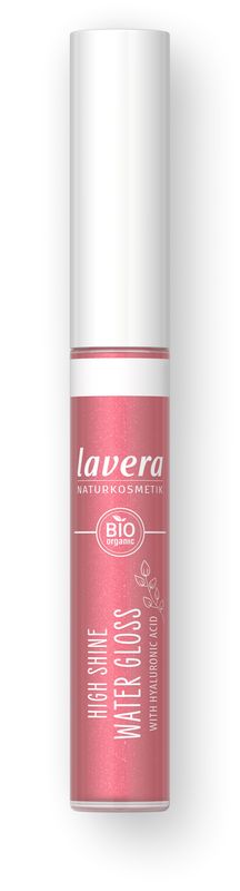Lavera High Shine Water Gloss in Pink Lagoon, 5.50ml, a vibrant pink lip gloss with a glossy finish in a makeup product image.