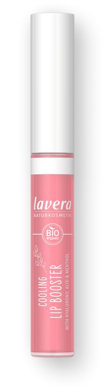 Lavera Cooling Lip Booster makeup tube with clear cap and pinkish lip gloss, 5.50 ml.