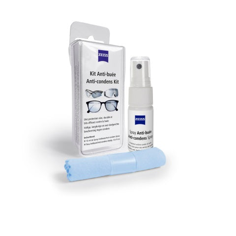 ZEISS anti-condens kit for glasses, including cleaning cloth and spray, designed to prevent fogging on eyewear.
