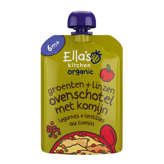Ella's Kitchen baby vegetable casserole with lentils and cumin in a 130g jar, suitable for 6+ months, organic baby food.