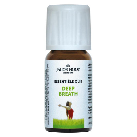 Jacob Hooy Deep Breath essential oil in 10ml bottle, featuring herbal and aromatic scent, for inhalation and relaxation.