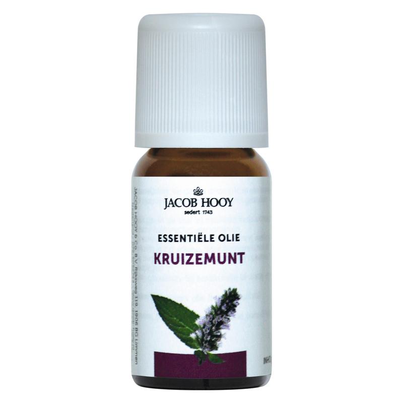 Jacob Hooy Kruizemunt etherische olie in 10ml bottle, natural mint essential oil with fresh green leaves visible in the image.