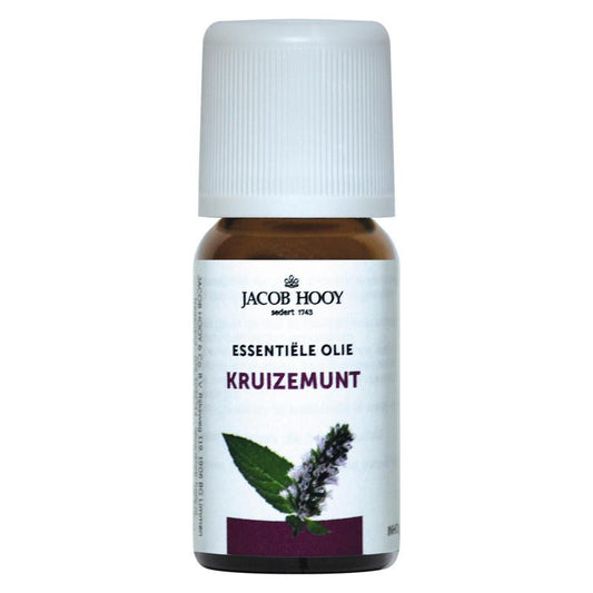 Jacob Hooy Kruizemunt etherische olie in 10ml bottle, natural mint essential oil with fresh green leaves visible in the image.