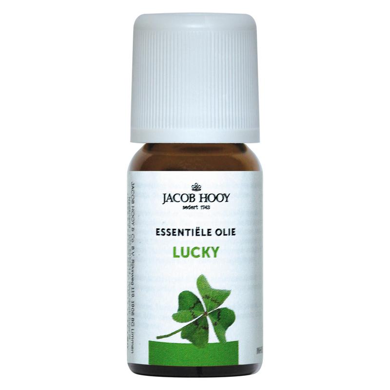 Bottle of Jacob Hooy Lucky essential oil in a 10ml glass container, showing the label and product packaging.