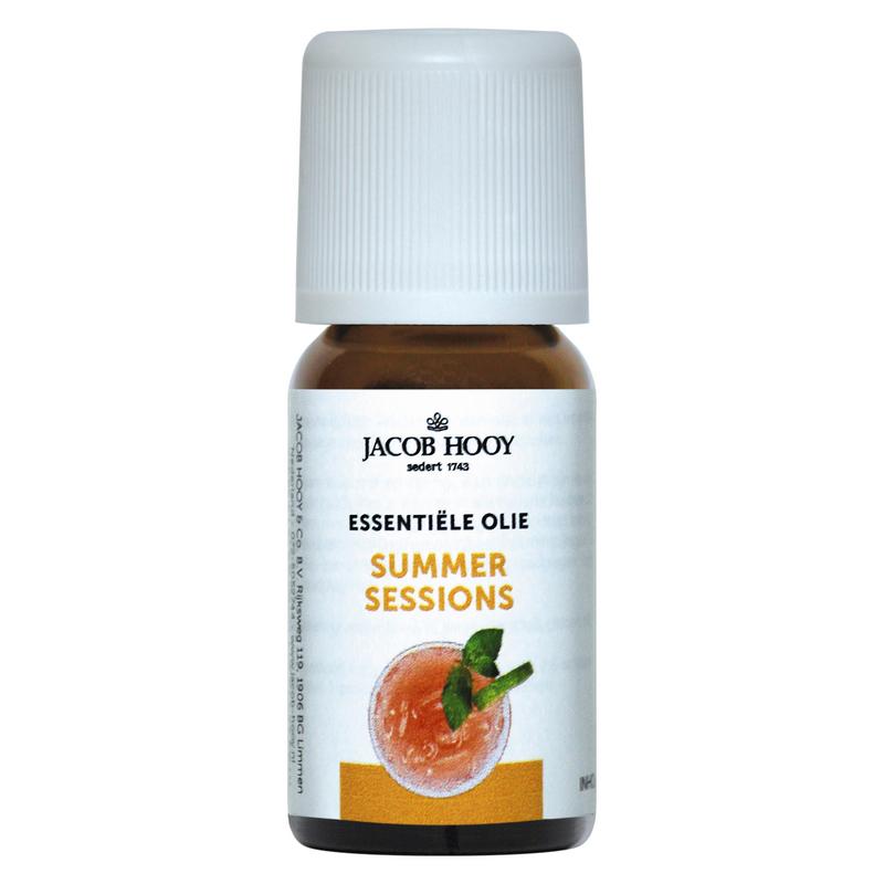 Jacob Hooy Summer Sessions etherische olie in 10ml bottle, displayed with botanical elements and product label.