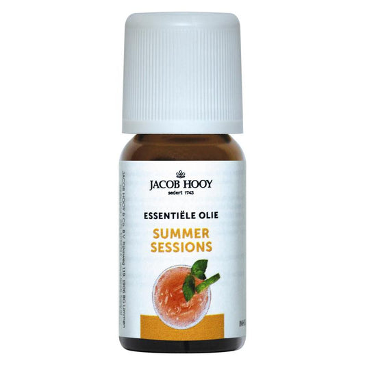 Jacob Hooy Summer Sessions etherische olie in 10ml bottle, displayed with botanical elements and product label.