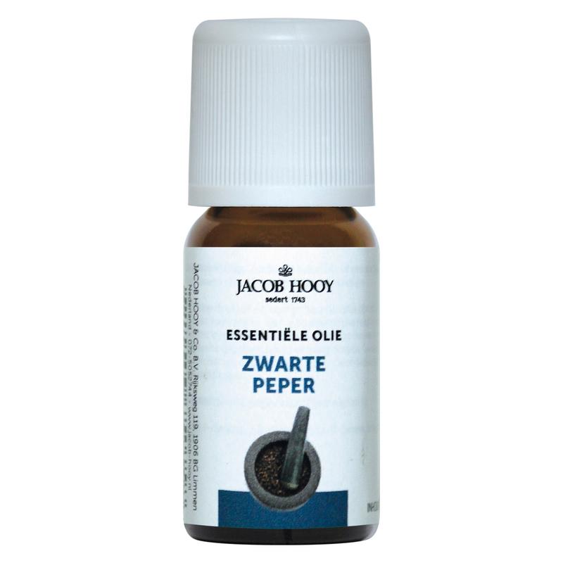 Jacob Hooy Zwarte Peper Olie 10ml, aromatic essential oil in a small amber glass bottle with a dropper.