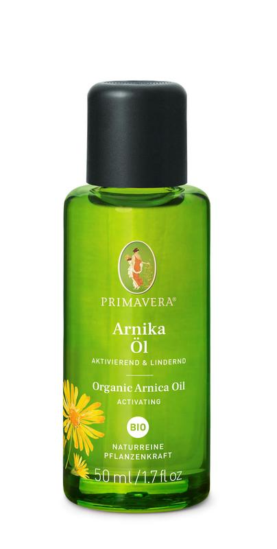 Primavera bio arnica oil in a 50ml amber bottle, showcasing the natural herbal oil for soothing skin and muscle relief.