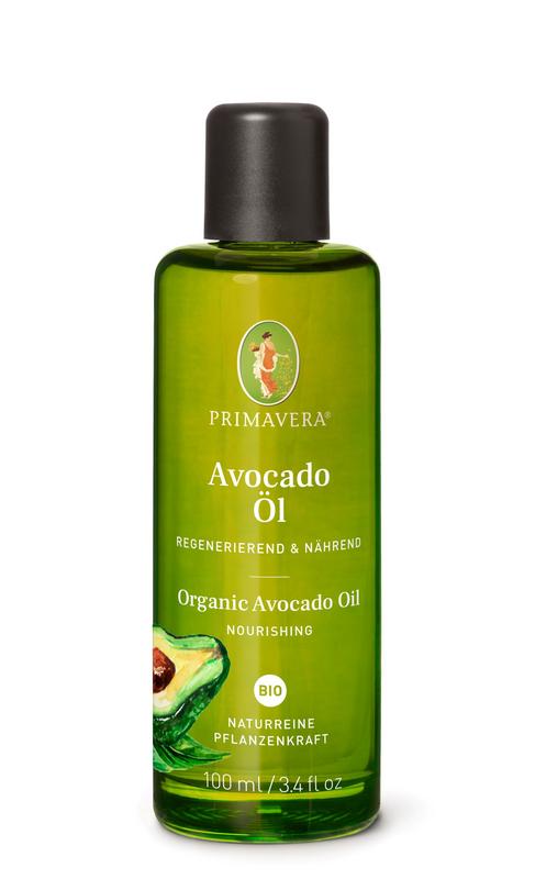 Primavera bio avocado oil in a 100ml glass bottle, showcasing the label and golden-green color of the natural essential oil.