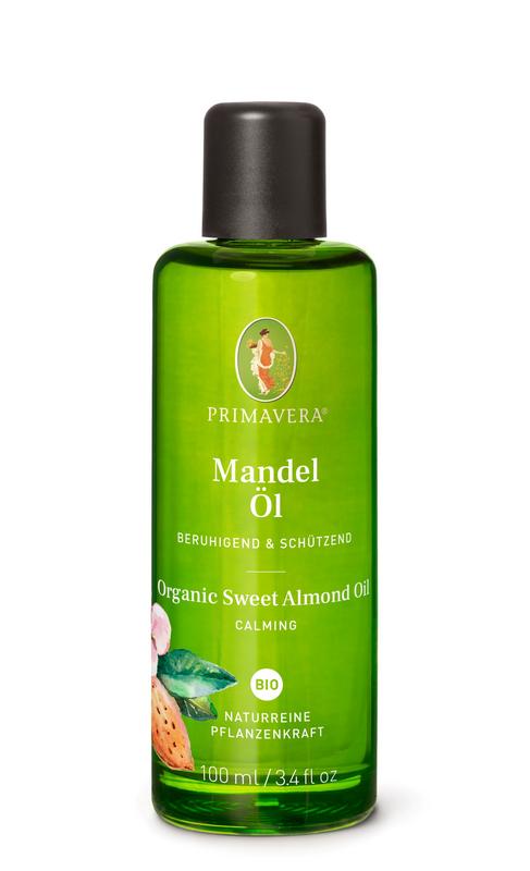 Primavera Sweet Almond Oil bio in 100ml bottle, natural etherische oliën product with clear packaging and label.