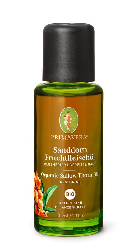 Primavera Sallow Thorn Oil bio 30ml, a natural essential oil bottle with amber glass and white cap, displayed on a neutral background.