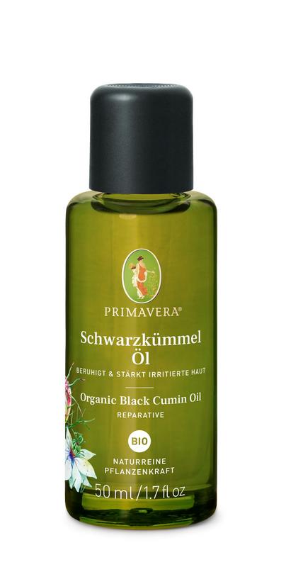 Primavera bio zwarte komijn olie in 50ml bottle, organic essential oil with dark amber color and dropper cap for aromatherapy use