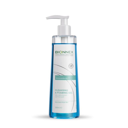 Bionnex Rensaderm cleansing foaming gel in a 200ml bottle, designed for facial skincare and gentle cleansing.