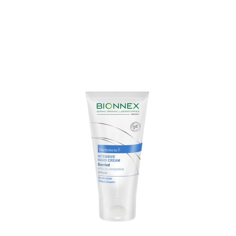 Bionnex Perfederm intensive hand cream in 50ml tube, scented hand care product with nourishing formula for soft hands