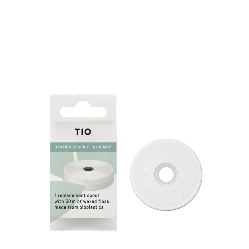 Tio Tiofloss refill with coconut oil and mint flavor, dental floss for oral hygiene, 1 pack, shown in the image