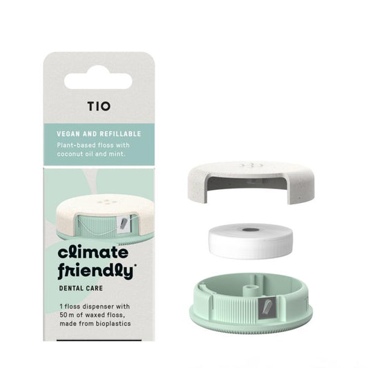 Tio Tiofloss kokos mint flossdraad for oral hygiene, shown in packaging with coconut and mint flavor branding.