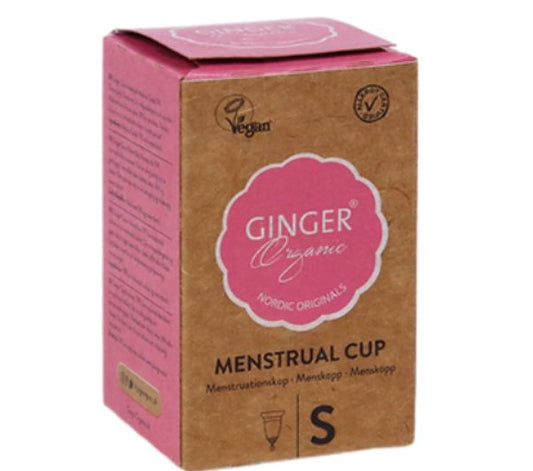 Ginger Organic Menstruatiecup TPE maat S for women, shown in soft silicone with a smooth, rounded shape for comfortable use.