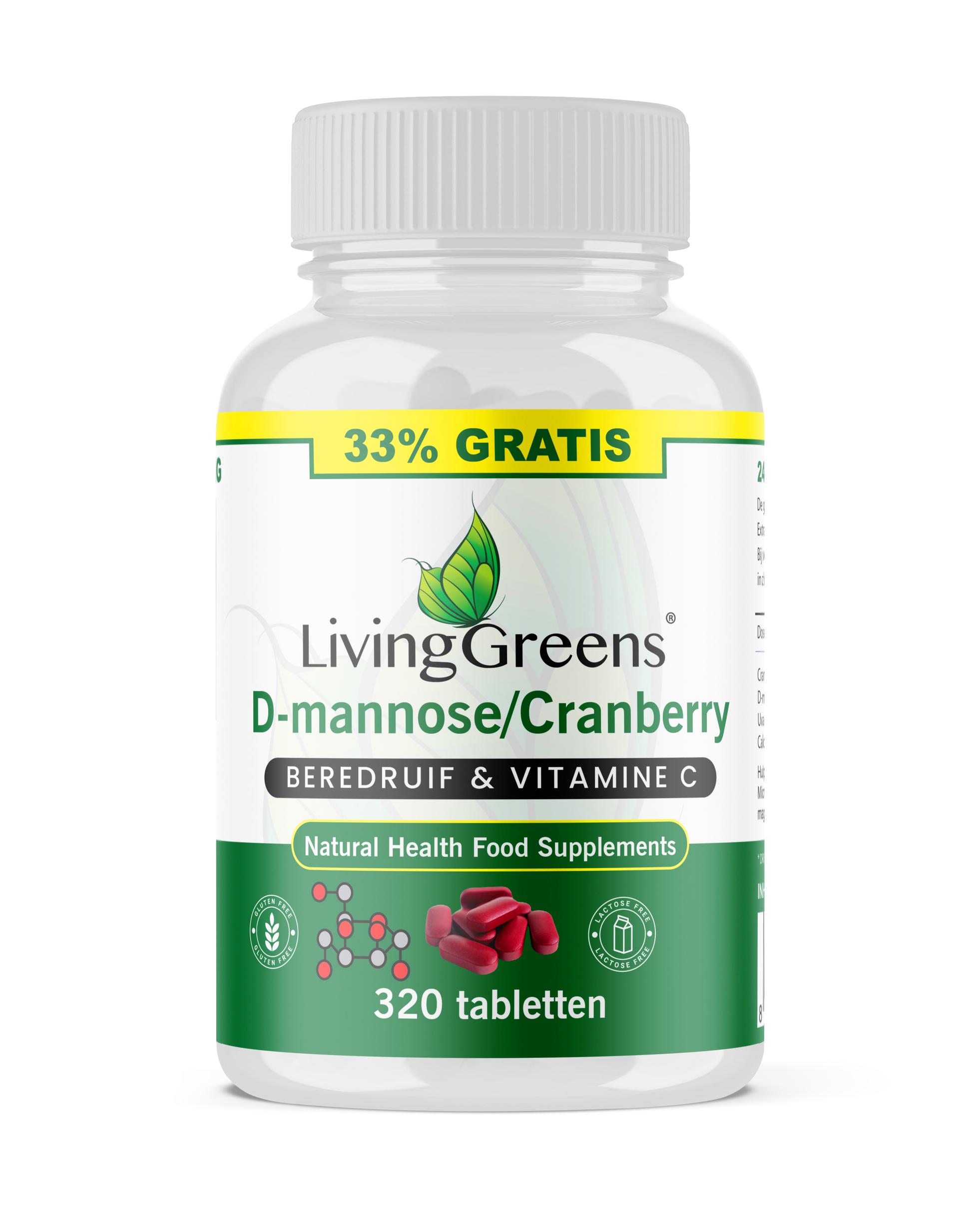 Livinggreens Cranberry D-Mannose kruidenpreparaten voordeelverpakking met 320 tabletten, close-up van de verpakking en tabletten.