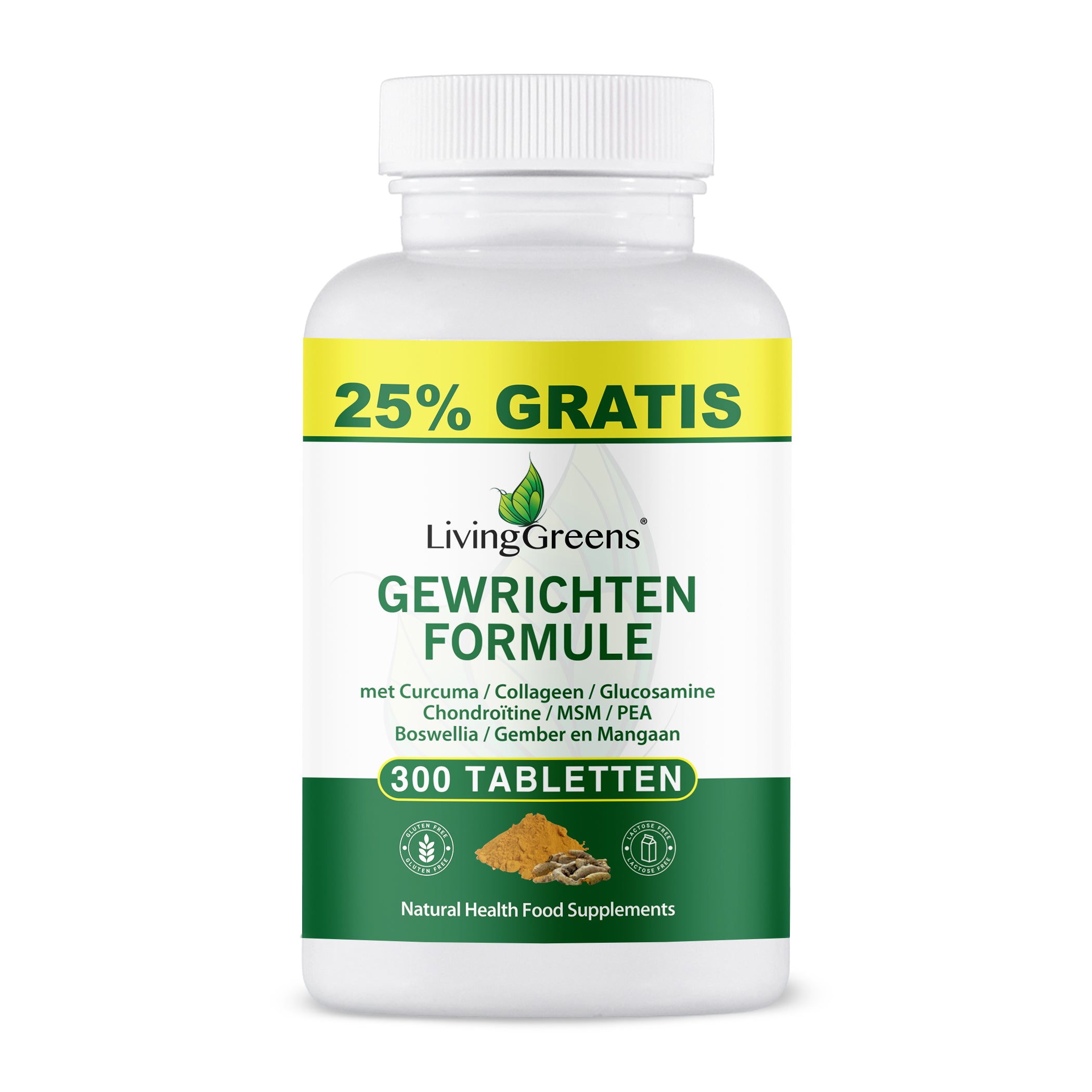 Livinggreens Gewrichten formule with curcuma and collagen complex, 300 tablets, herbal supplement for joint support.