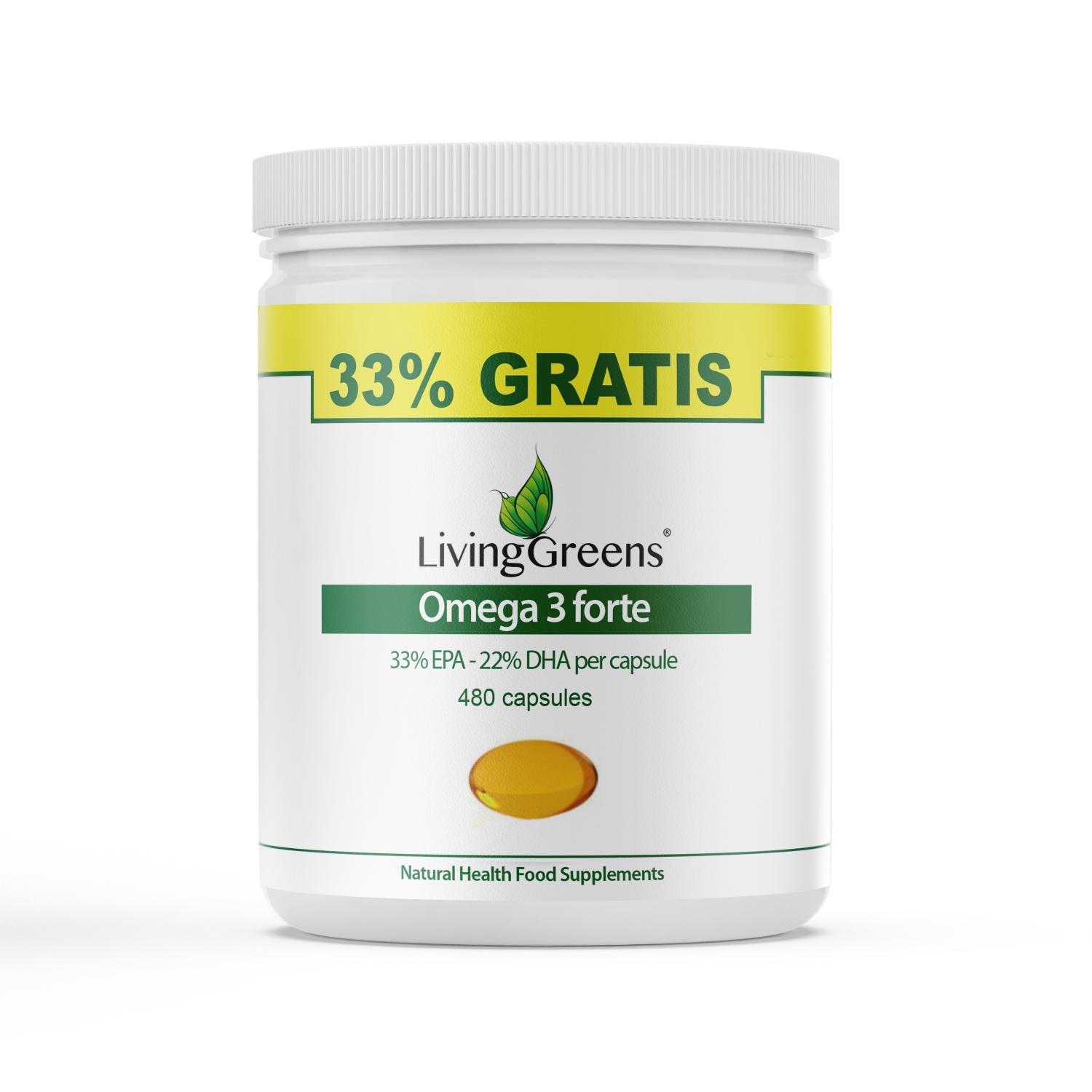 Livinggreens Omega 3 Forte capsules, 480-count, dietary supplement with healthy fatty acids, shown in a clear container.