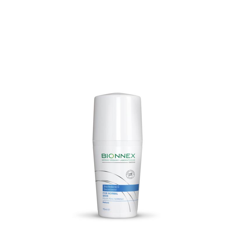 Bionnex Perfederm deodorant roll-on for normal skin, 75ml bottle with clear cap and labeled design, shown in close-up image