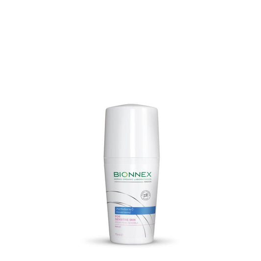 Bionnex Perfederm deodorant roll-on for sensitive skin, 75ml, featuring a smooth applicator and clear packaging.