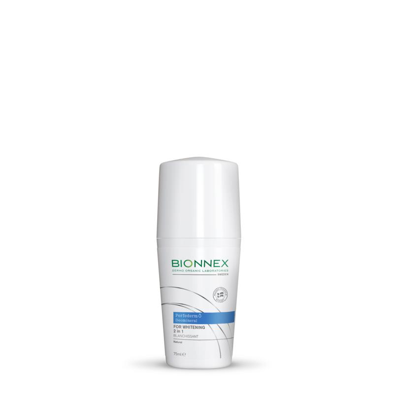 Bionnex Perfederm deomineral 2-in-1 whitening deodorant roll-on, 75ml, with a smooth applicator and sleek packaging.