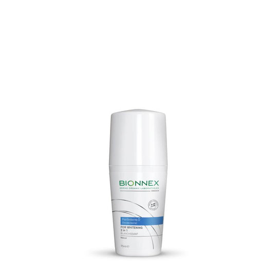 Bionnex Perfederm deomineral 2-in-1 whitening deodorant roll-on, 75ml, with a smooth applicator and sleek packaging.