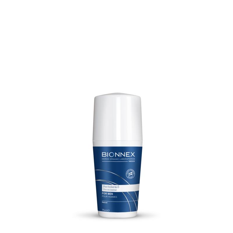 Bionnex Perfederm mineral roll-on deodorant for men, 75ml, featuring a clear bottle and applicator for fresh, odor-protected skin.