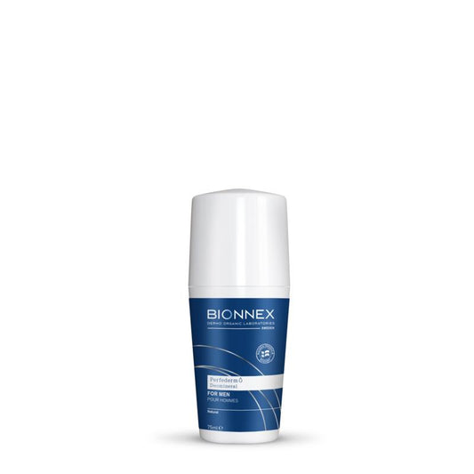 Bionnex Perfederm mineral roll-on deodorant for men, 75ml, featuring a clear bottle and applicator for fresh, odor-protected skin.
