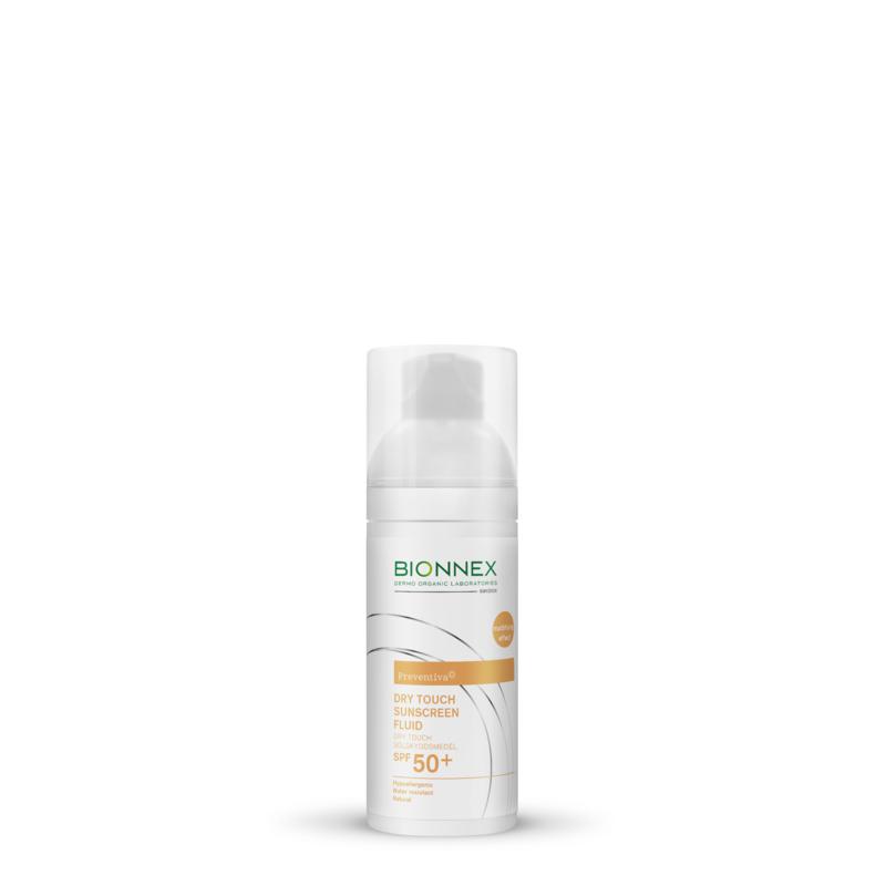 Bionnex Preventiva dry touch SPF50+ sun protection fluid in 50ml bottle, ideal for outdoor sun protection with a lightweight texture.