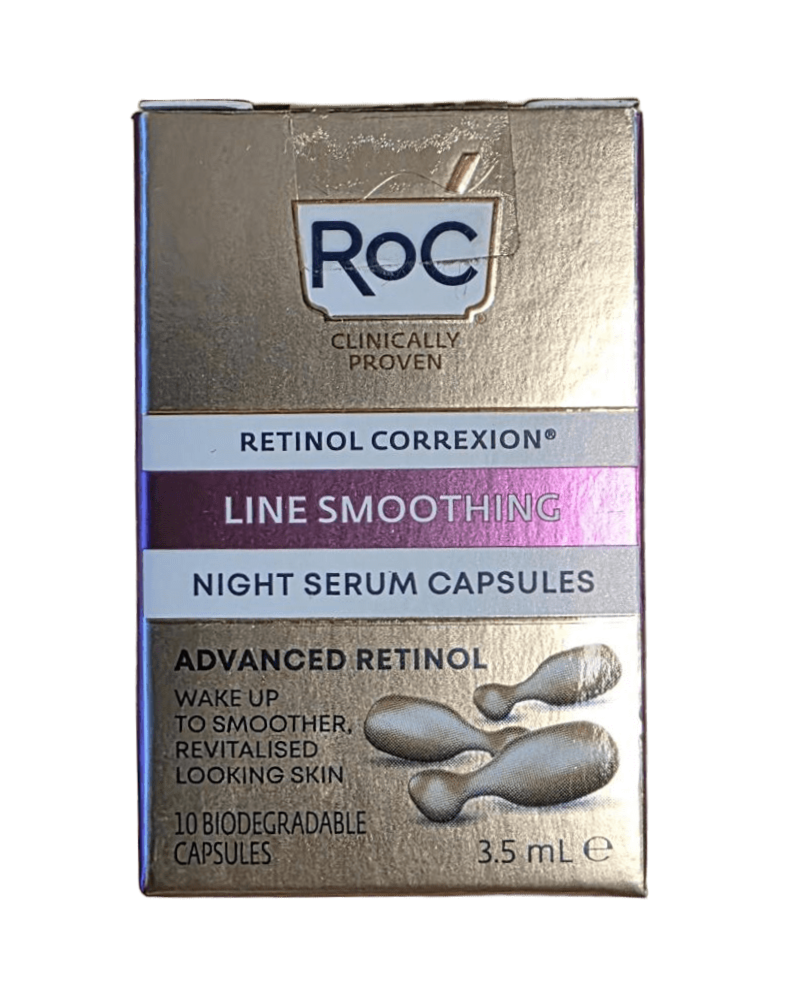 ROC Retinol CorreXion night serum capsules for facial skincare, featuring 10 capsules for smoothing and anti-aging benefits.