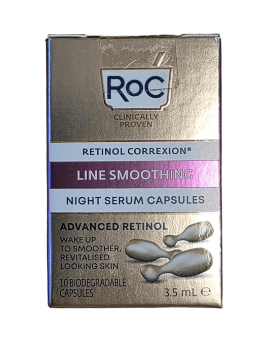 ROC Retinol CorreXion night serum capsules for facial skincare, featuring 10 capsules for smoothing and anti-aging benefits.