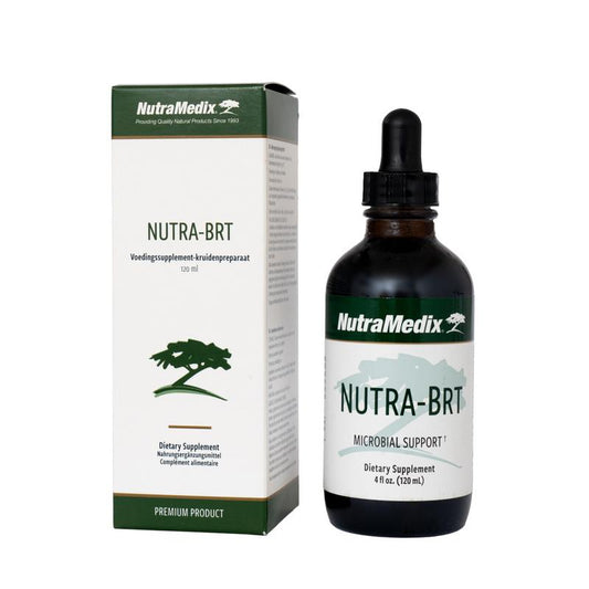 Nutramedix Nutra-BRT herbal supplement in a 120ml bottle, featuring natural kruidenpreparaten for wellness and health support.