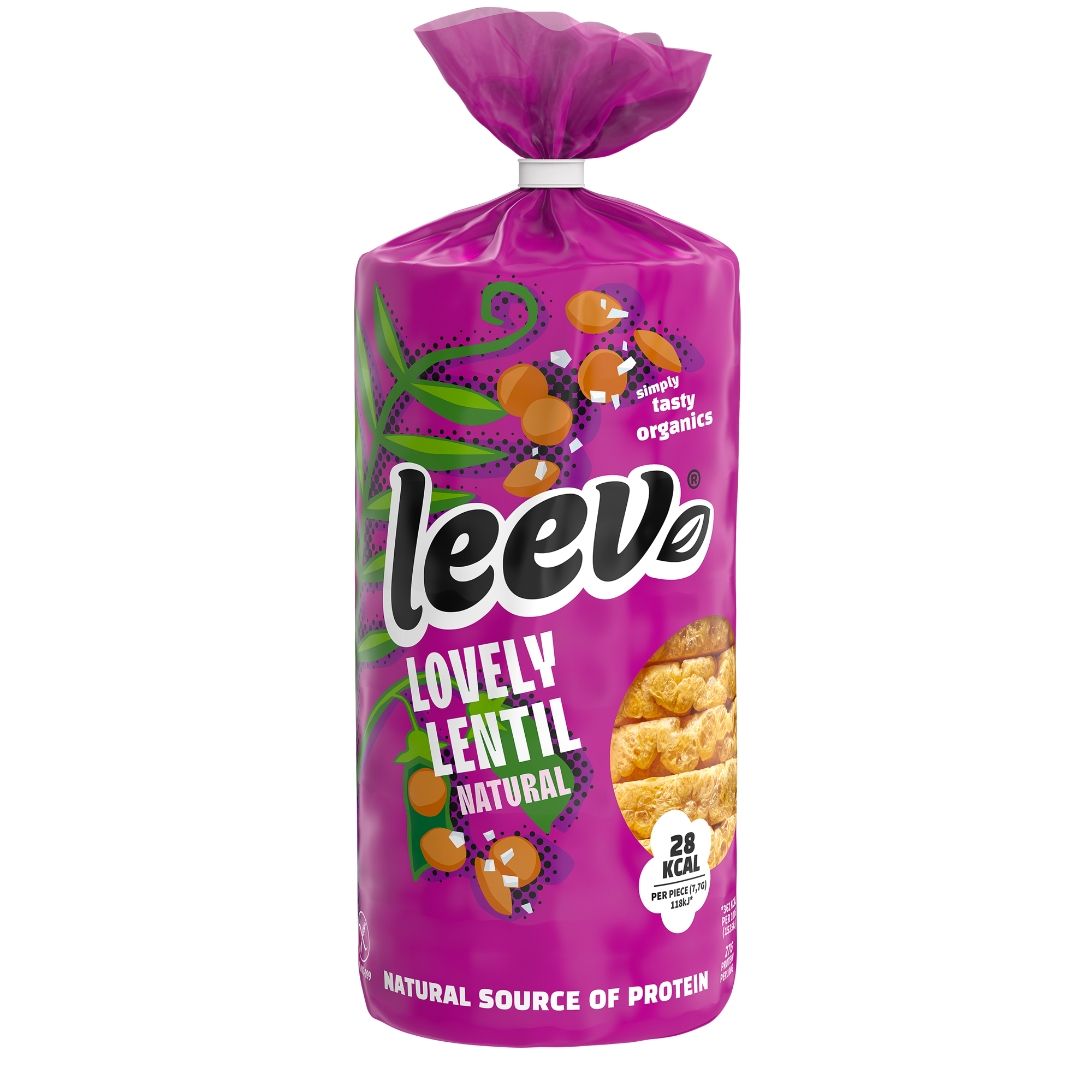 Leev Lovely natural bio lentil cakes, 100g, featuring golden lentil koeken on a white plate with a rustic background.