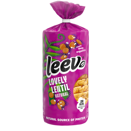 Leev Lovely natural bio lentil cakes, 100g, featuring golden lentil koeken on a white plate with a rustic background.