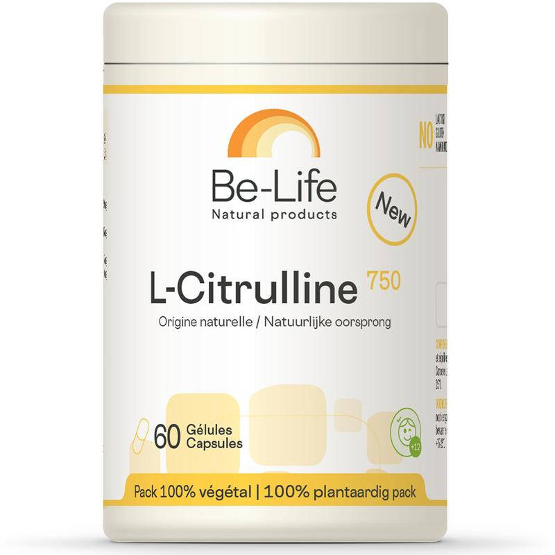 Be-Life L-Citrulline vegetarian capsules, amino acids supplement, shown in a bottle with capsules inside.