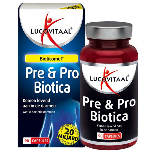 Lucovitaal Pre & Probiotica capsules featuring micro-organismen for digestive health, displayed in a clear container.