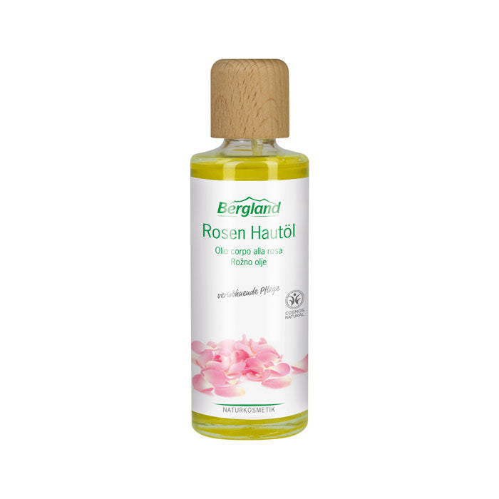 Bergland Rozen huidolie in 125 ml bottle, a natural body care product with rose extract for nourishing skin.